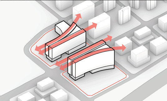 Two office towers inclining to the south and north, representing the gateway functionality (shown in GIF)