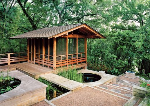 Custom Home Outdoors, Summer 2006 Time Out Architect: Gregory Thomas Architect, Austin, Texas; Builder: Trinity Builders, Austin; Landscape contractor: Fred Strauss, Austin   The clients worked with architect Gregory Thomas to design a teahouse like those they saw in Japan but in a style that fit their Austin, Texas, home. The teahouse perches on the edge of the lawn, where it offers a bird's-eye view of the river below. The sound of flowing water dampens traffic noise and adds to the calm atmosphere. Several circuitous paths lead to and from the screened enclosure and are “designed to slow you down and give you permission to pause and reflect,” Thomas says.
