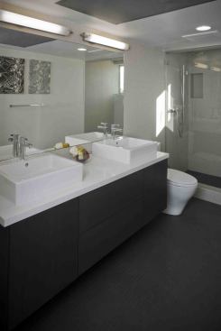 Bathrooms in Cherokee Lofts feature Toto Aquia II dual-flush toilets. This unit also includes a Caesarstone quartz countertop.