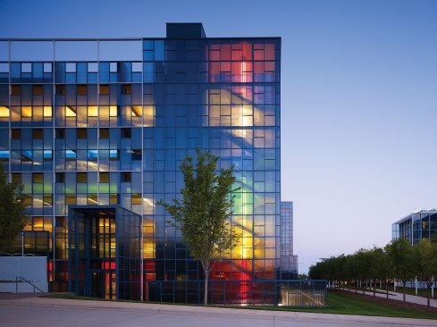 Car Park Three, Chesapeake Energy Corporation, Oklahoma City, 2013As the company's headquarters in Oklahoma City, has grown, Elliott has played with color in myriad ways: as a wayfinding device, as a spatial organizer, and as a sensory experience. The result is a unique architectural color-blocking vocabulary.