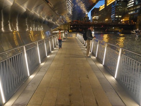 Bridges linking the "rooms" are illuminated with linear LED fixtures and opal white lenses, yielding 1.8 footcandles, average, at grade.