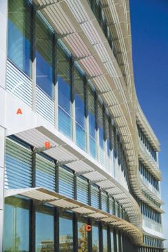 A-Custom metal panel system  A-1 Glass 
a1glassinc.com Horizontal metal panel system  • Fabricated from composite metal  • Gray finish  • Company specializes in custom curtainwall systems, both unitized and standard stick construction  • Fabrication of glass, aluminum, steel, and other metals available  B-Sunshades  Architectural Grilles & Sunscreens  Custom designed by ZGF and manufactured by Architectural Grilles & Sunscreens  • Perforated aluminum screens are rigid and provide shade from direct sun while still allowing light transmittance  • Combined with the custom frit pattern on the glass to provide shading  C-Curtain-wall framing  Antamex International 
antamex.com Company offers design, engineering, manufacturing, and installation of custom curtain-wall systems  • Complex shapes and spans up to 40 feet can be manufactured at its Canadian plant  • Possible integration of materials such as granite, glass, stainless steel, and aluminum  • Finished curtain-wall systems are tested to ASTM standards