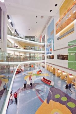 A-Machine room–less elevator  Thyssen Krupp 
thyssenkruppelevator.com No penthouse required  • Smaller and more efficient than standard elevator systems  • Gearless machine and brake design  • Features built-in remote monitoring capabilities  • Long life cycle with comparatively low running costs  • Easy installation and various remote and on-site servicing options  B-Studio Collection solid surface in jicama  Avonite 
avonitesurfaces.com Part of the Traditions line in the Studio Collection, which includes four additional neutral colors  • Available in matte, satin, and gloss finishes  • Recycled surfacing available in a different line under the same collection  C-Custom graphic glass  Skyline Design 
skydesign.com Fotoglas is a proprietary custom glass printing process, in which large-scale images are etched into one or both sides of plate, tempered, or laminated architectural glass  • Vitracolor can be applied on the reverse side of the etching, adding increased color and opacity options  • Available in &frac14;-, 3/8-, &frac12;-, or &frac34;-inch-thick glass