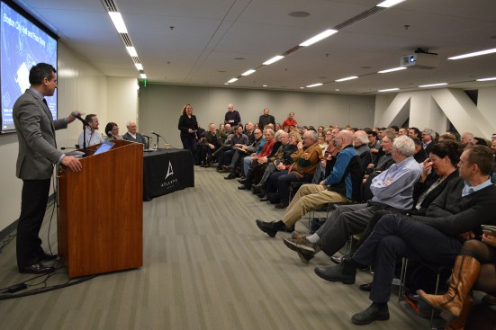 The Designing Boston: City Hall + Plaza forum, moderated by Michael Ross (left), featured panelists (seated, left to right) Mark Pasnik, Anita Berrizbeitia, and Michael McKinnell.