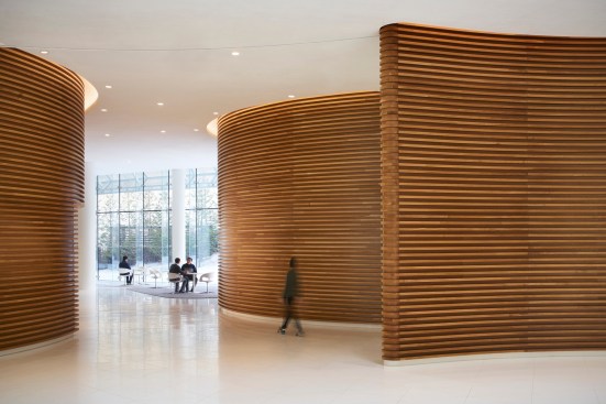 The first five levels are largely devoted to myriad types of amenity spaces. The designers deployed textures, colors, and patterns to differentiate uses. This wood-clad, ground-floor circulation area opens onto a breakout space.