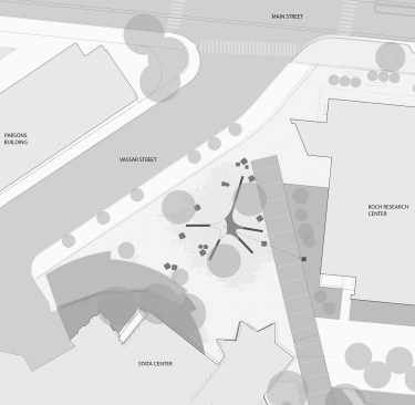 Site plan. The design retains a sightline to the spot where Officer Collier was killed in his parked police cruiser (indicated by the dotted line).