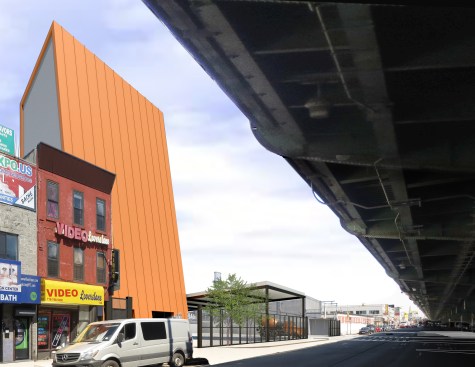 Angular formal moves in RODE Architects’ New York concrete facility in Brooklyn shape its strong roadside presence from Third Avenue.