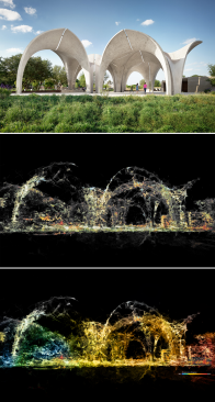 Top to bottom: Confluence Park pavilion, in San Antonio, Texas; 3D reconstruction done with a mobile phone and photogrammetry software; visualization of temperature data collected on site mapped onto the 3D model