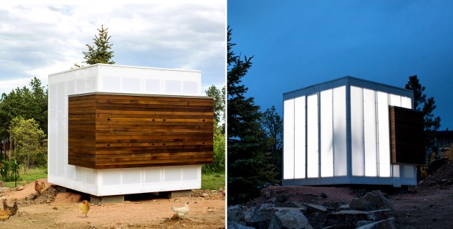 As part of the Black Hills Homestead, a modernist, translucent cube, serving as a chicken coop, is elevated off the ground to protect its occupants from wildlife and to promote airflow.