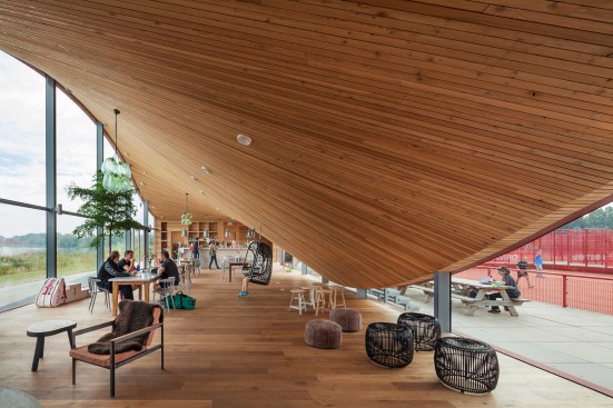 The clubhouse's interiors, which features a wood-paneled ceiling.