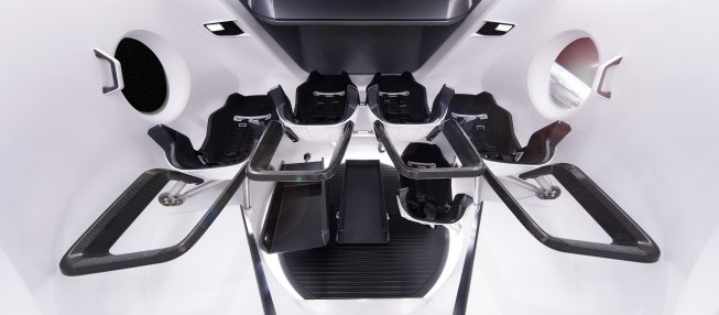 Interior showing seating arrangements of the SpaceX Dragon capsule.