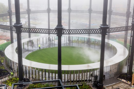 Cleaning the Gasholder Park, prior to opening to the public at King's Cross