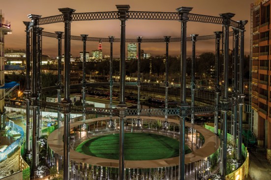 Gasholder Park at dusk, King's Cross
