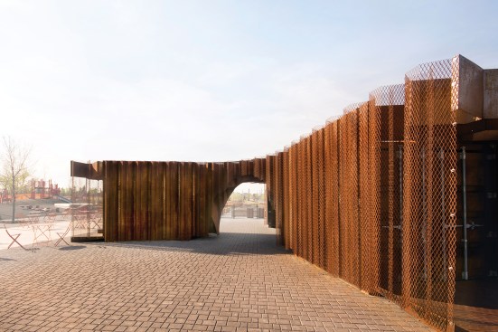 View from the north, showing layered mesh skin