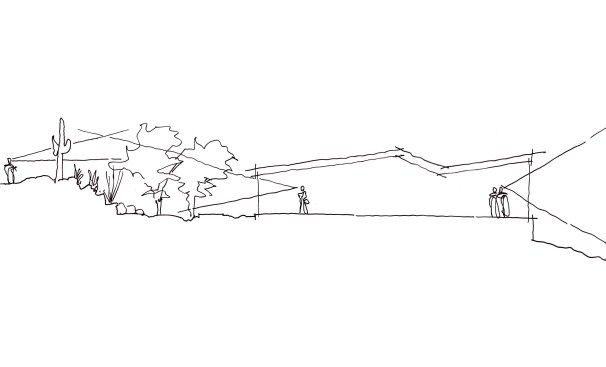 Section Drawing Roof forms ramp up to capture major vistas while sloping down to more private outdoor areas that are shielded from the street by existing landscape and topography.