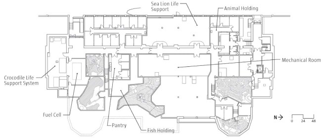 CELLAR PLAN An additional 6,000 square feet was excavated from the cellar level to accommodate life support systems, animal holding, storage, and pantry and mechanical space (left).