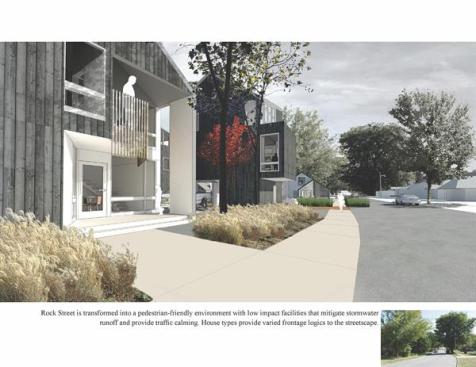 Governed by historic codes, the elevations feature dark wood cladding and white accents to emphasize frontages; some homes face the green.