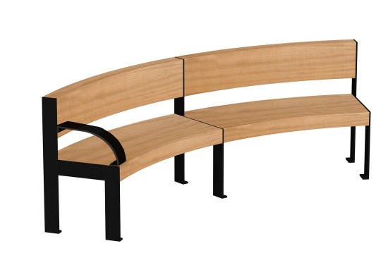 Bench 202. Curved bench with curved metal armrest. 