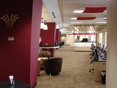 View of central spine and Reference Desk beyond