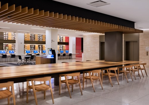 The materiality of the library contributes to that user experience, for example in terrazzo flooring and travertine presented in the elevator banks.
