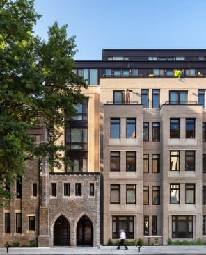 View of preserved parish hall repurposed for the residential building entrance on Church Street