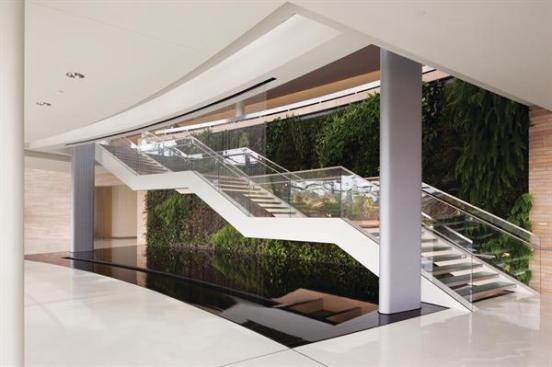A green wall was designed as a backdrop for the stair linking the ground floor and the upper level. Foster's office worked in conjunction with Paris-based Patrick Blanc, the mastermind behind such installations as the vegetated fa?ade of Jean Nouvel's Mus?e des Arts Premiers Quai Branly in Paris. The wall is constructed with a series of horizontal pipes placed on the surface of the wall. These pipes are covered with a felt that has pockets cut in it, into which the plants were placed. The wall features 2,500 plants from 79 different species that are native to Central and South America, and tries to recreate the sense of a lush Brazilian landscape. "The reason we wanted it in the space is [that] it makes the space living and organic," Semrau says. "It's such a bright splash of color; it's almost like a canvas." In front staircase is a waterfall, with water emerging from a recessed slot in the ceiling and falling 14 feet to a reflecting pool on the floor. "It almost sounds like a light rain," Semrau says. "It's right below where you sit in the [balcony dining area], and it is a wonderful white noise."