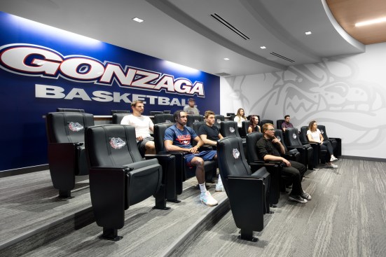 Adjacent to the weight training center, the film room features tiered seating and a large video monitor for players and coaches to review previous performance and strategize for upcoming match-ups.