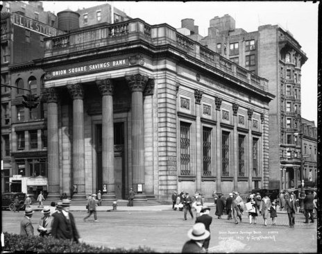 Design by architect Henry Bacon in 1907, this 1929 photo shows the building when it was still the Union Square Savings Bank.