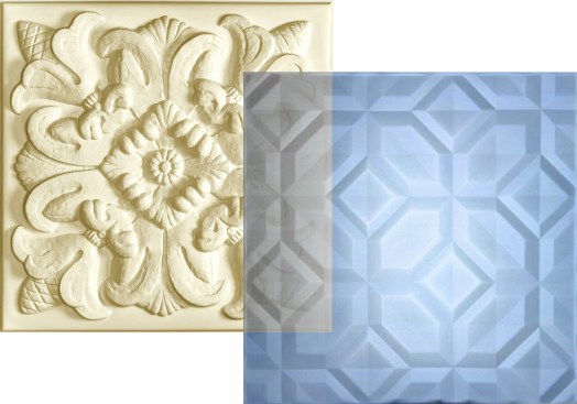 Translucent Ceilume Doric design transmits colored light – blue in this case - through a faceted geometric pattern. The Sand colored Florentine panels add a note of traditional style, their deep relief captures dramatic highlights and shadows.