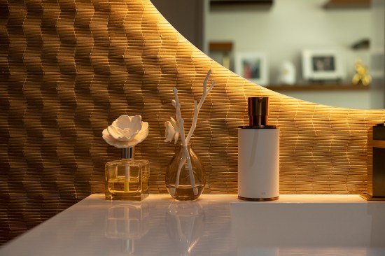 Serenity Indian Wells luxury desert mansion modern bathroom design with textured tile wall