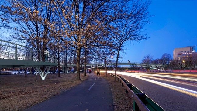 View of Boston Esplanade Pedestrian Bridge along the Boston Esplanade pathway
