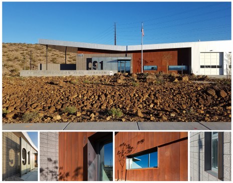 Further, materials selected had to be “fire men proof”, which meant durable: CMU, galvanized and weathered steel, and glass, define this composition.