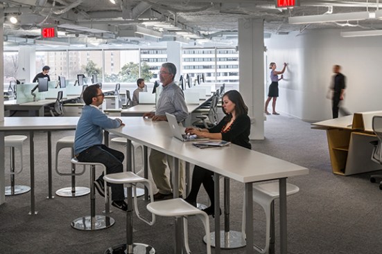 The far end of the Link Desk extends out into the space, and has become a hub for collaboration and impromptu meetings.