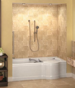 Delta. The company’s new Universal Design Bathing Systems offer barrier-free options that are functional without feeling sterile. Zero-threshold shower bases feature a built-in trench drain with a decorative stainless steel cover; zero-threshold shower enclosures include integrated grab bars, a flip-up seat, a Grail 17T shower with TempAssure controls and thermostatic valve cartridge, and an ActivTouch handshower. Finally, the Transfer Tub (shown) features a bump-out ledge for easy seated entry/exit or assistance from another person, aesthetically pleasing curved grab bars, and a detachable flip-up seat. The units are made with Styrofoam-backed acrylic.
www.deltafaucet.com.
–K.T.