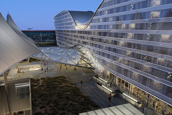 A rendering of the hotel and transit center entrance that leads to the airport