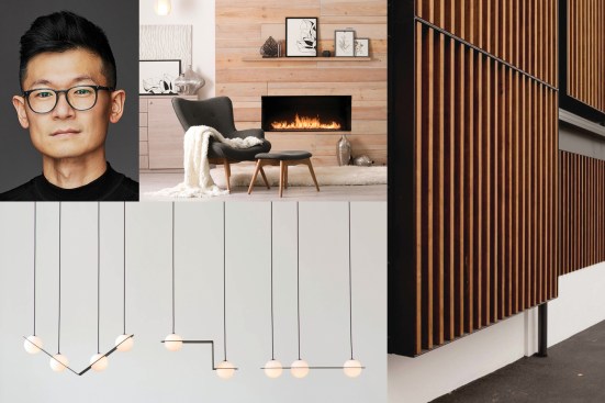 Clockwise from top left: Jejon Yeung, AIA; Planika Forma Ethanol Fireplace; ReSawn Timber Co. Teak Adobo Vulcan Cladding; and Lambert & Fils Laurent Collection