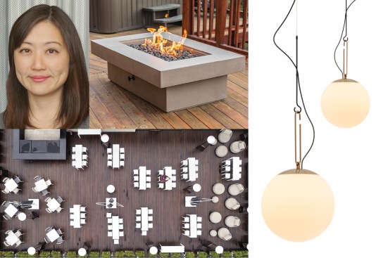 Clockwise from top left: Megumi Aihara; Concrete Wave Design Olson Fire Table; Neri&Hu for Artemide nh 35 Suspension Lamp; and Moso Bamboo X-treme Decking