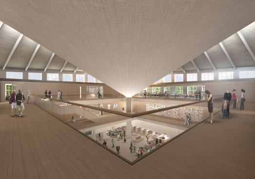 Galleries to accomodate 
temporary and permanent exhibitions, education spaces, and a library, 
will fill hte old building. Many elements of the existing landmarked 
building, including its hyperbolic paraboloid copper roof (executed 
before the age of digital modeling) are being retained.