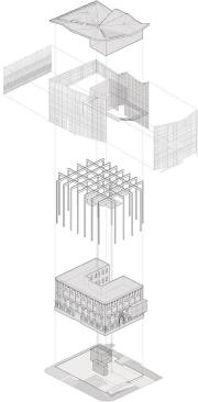 An exploded axonometric shows how the skin and expanded academic spaces fit around the existing building.