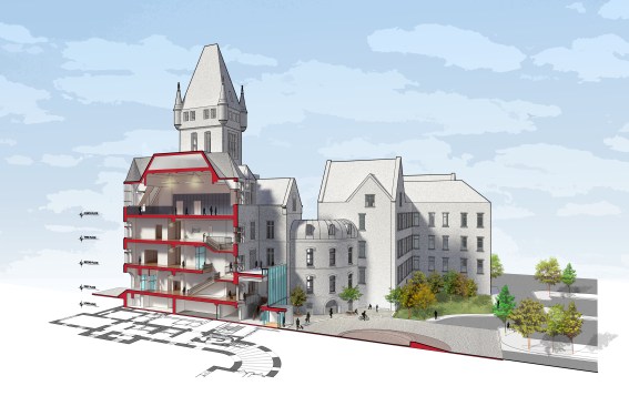 Section perspective through Administration Building.