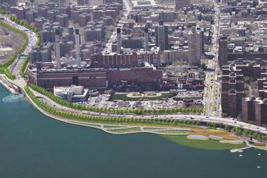 Aerial view showing added greenspace that will help absorb sotrmwater surge.