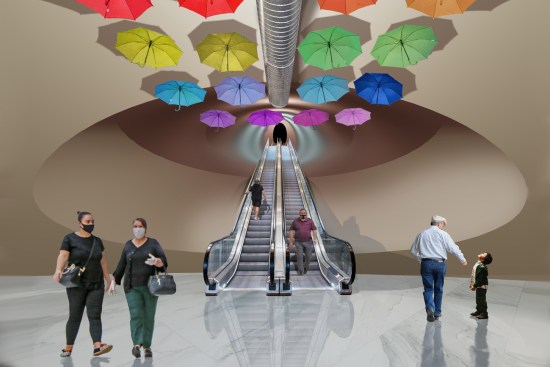 Internal 3D render of the main escalator corridor