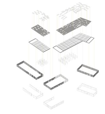 Exploded axonometric. From bottom to top: precast concrete back-up wall; aluminum rainscreen; structure; roof plane; skylights.