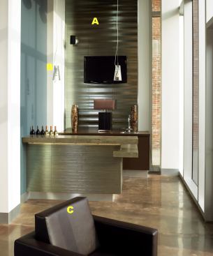 AVision Stream ceramic tile in argentoFAP Ceramichewww.fapceramiche.comNine sizes and shapes are available ranging from triangular pieces with 1.5-cm sides to 30.5-cm-by-56-cm rectangular tiles• 10.5-mm thickness• Smooth and textured ribbed surfaces available in majority of colors• Can be used in vertical or horizontal applications• More than 20 colors, textures, and stylesBKon pendant lighting fixtureLeucoswww.leucos.com40-watt R50 spot incandescent downlight• Clear or ribbed glass diffuser• Length is adjustable up to 120 inches• Swag adapter available• With swag application, two pendants can be suspended from one outlet• Fixture measures 5 1/4 inches by 9 1/2 inches• Conical chrome-plated canopy mounts to a 4-inch octagonal junction boxCRotary 1 chairGamma and Brosswww.gamma-arredamenti.comSofa also available• Wooden structure• Polyurethane cushion• Upholstered in vinyl or microfiber fabric available in a variety of colors• Polished aluminum exposed legs tipped with plastic caps