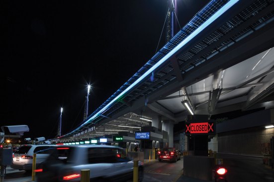 Designed by Höweler + Yoon Architecture, the Double Horizon lighting installation at the San Ysidro Land Port of Entry, near San Diego, Calif., broadcasts real-time traffic data through a 520-foot-long linear array of LEDs.