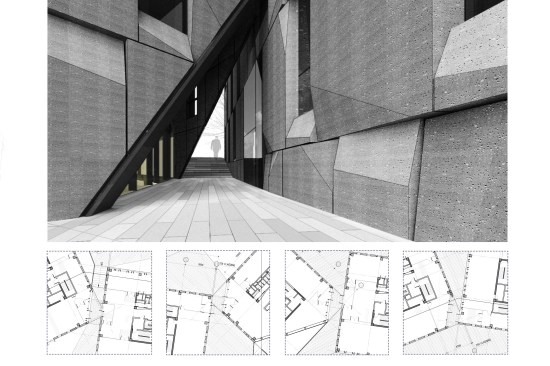 Slices allow passage between building volumes and continuity of the ground plane. 