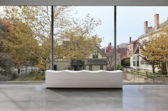 Nelson Family Promenade signage integrated into the Corian bench