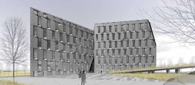 The office complex features five mostly cubic self-similar office blocks, each of which is sliced to allow light or passage between the buildings. 