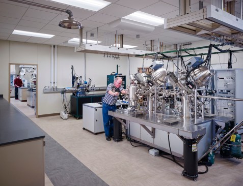 This characterization lab includes this Ultra High Vacuum (UHV) chamber for atomic level characterization of materials which are tested in the adjacent electric chemistry lab.  The UHV is powered from the perimeter of the room, leaving unobstructed views throughout the labs.