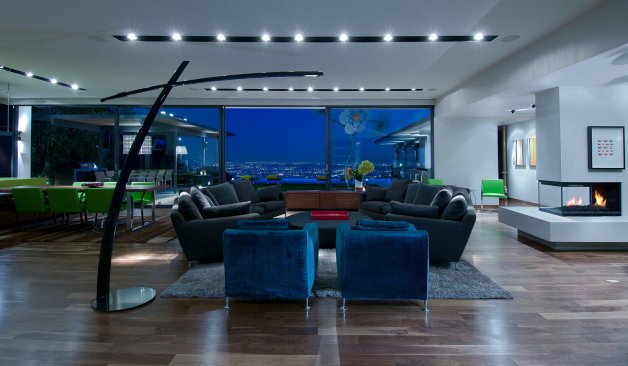 Hopen Place Hollywood Hills modern home glass wall living room 